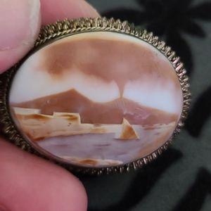 Hand carved shell cameo of Mt. Vesuvius erupting carved in Italy. Vintage